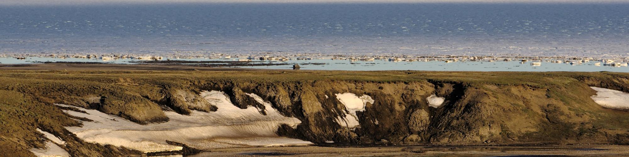 Terres froides, eau glacée et montagnes à l'horizon